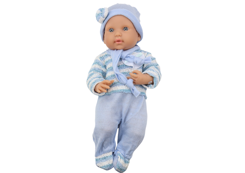 Boneca bebé camisola às riscas chapéu cachecol azul