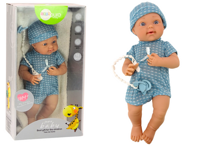 Boneca bebé roupa azul chapéu chupeta manta