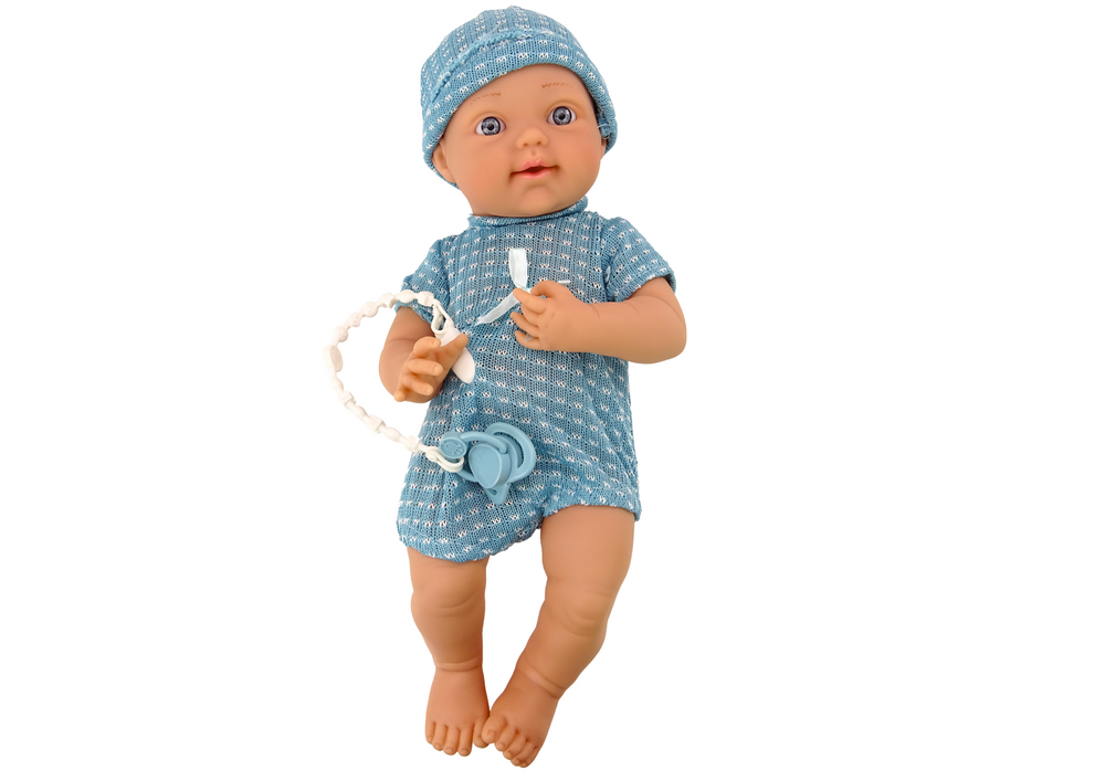 Boneca bebé roupa azul chapéu chupeta manta