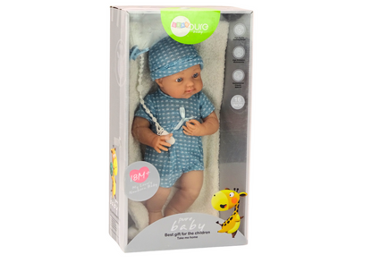 Boneca bebé roupa azul chapéu chupeta manta