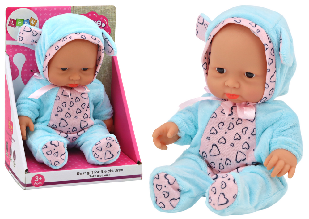 Boneca bebé pequena roupa azul laço orelhas