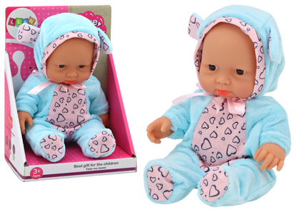 Boneca bebé pequena roupa azul laço orelhas
