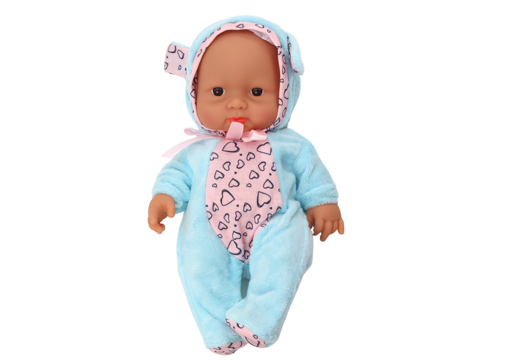 Boneca bebé pequena roupa azul laço orelhas