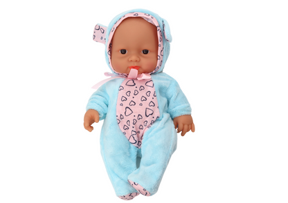 Boneca bebé pequena roupa azul laço orelhas