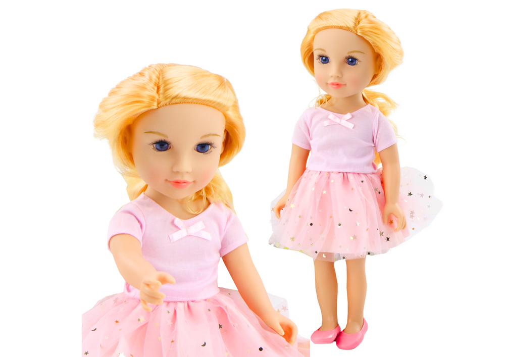 Boneca vestido tule rosa cabelo loiro
