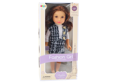 Boneca roupa elegante xadrez cabelo castanho