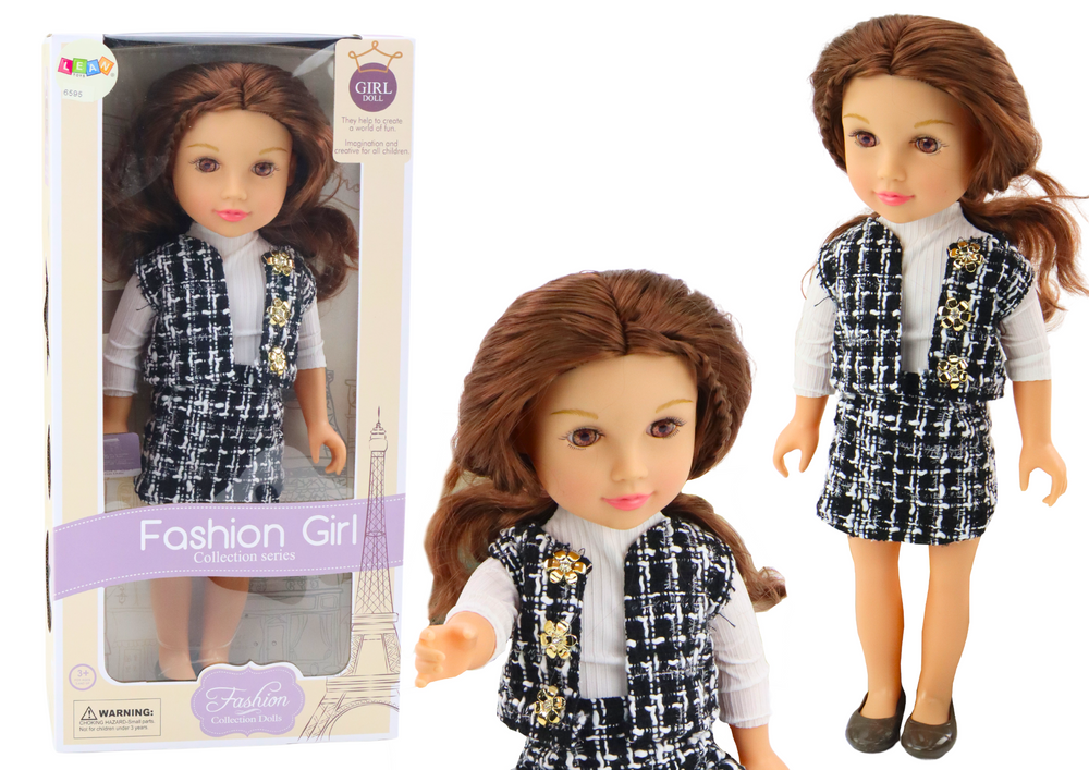 Boneca roupa elegante xadrez cabelo castanho