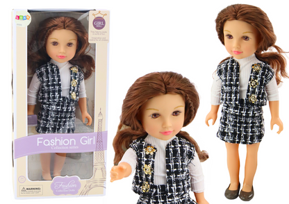 Boneca roupa elegante xadrez cabelo castanho