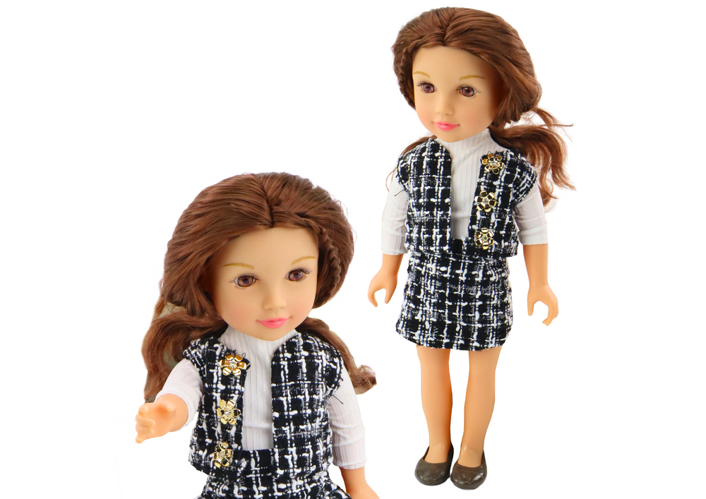 Boneca roupa elegante xadrez cabelo castanho