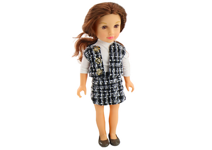 Boneca roupa elegante xadrez cabelo castanho