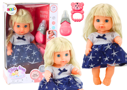 Boneca vestido azul escuro com xixi e chocalho som