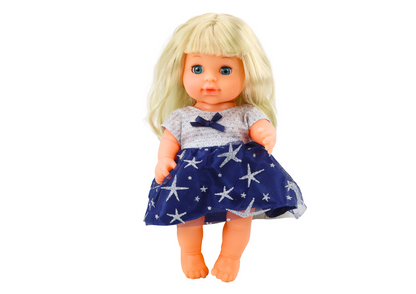 Boneca vestido azul escuro com xixi e chocalho som
