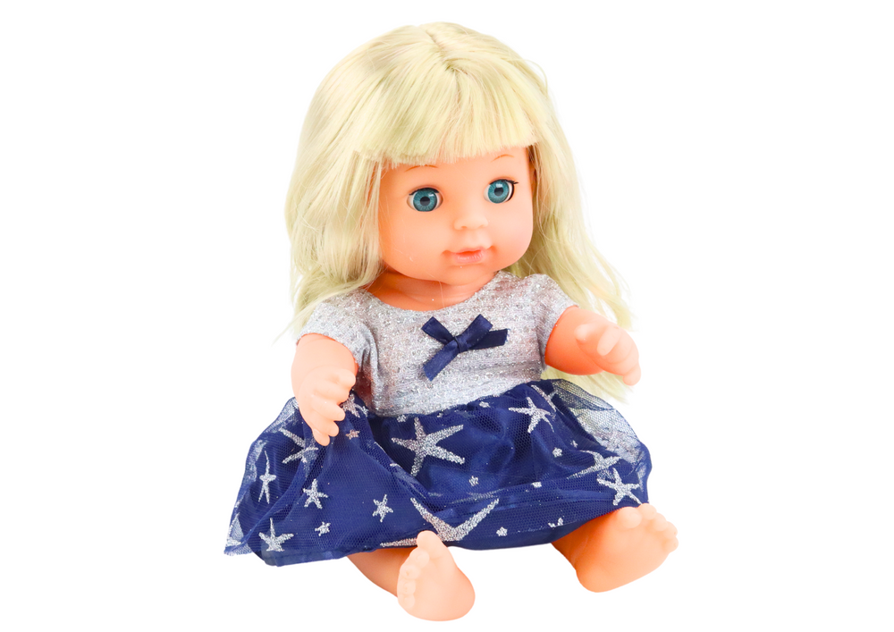Boneca vestido azul escuro com xixi e chocalho som