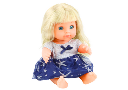 Boneca vestido azul escuro com xixi e chocalho som