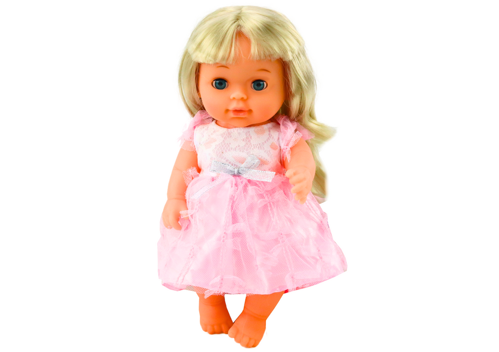 Boneca vestido rosa claro com xixi e chocalho som