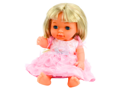 Boneca vestido rosa claro com xixi e chocalho som
