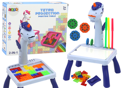Mini projetor Tetris de mesa 2 em 1 unicórnio azul