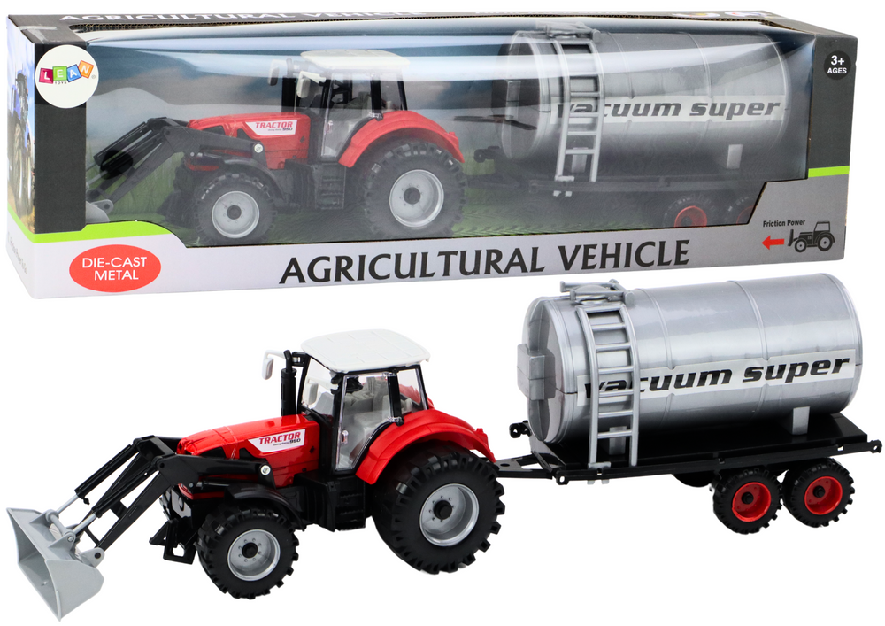 Trator agrícola com escavadora e cisterna vermelho