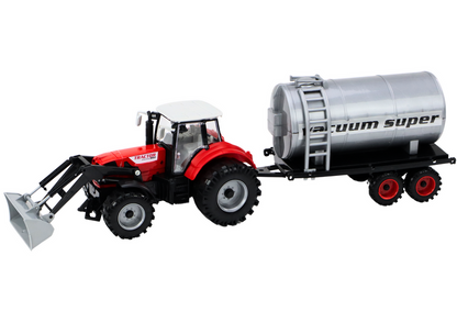Trator agrícola com escavadora e cisterna vermelho
