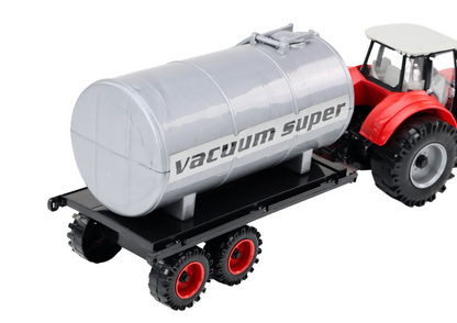 Trator agrícola com escavadora e cisterna vermelho