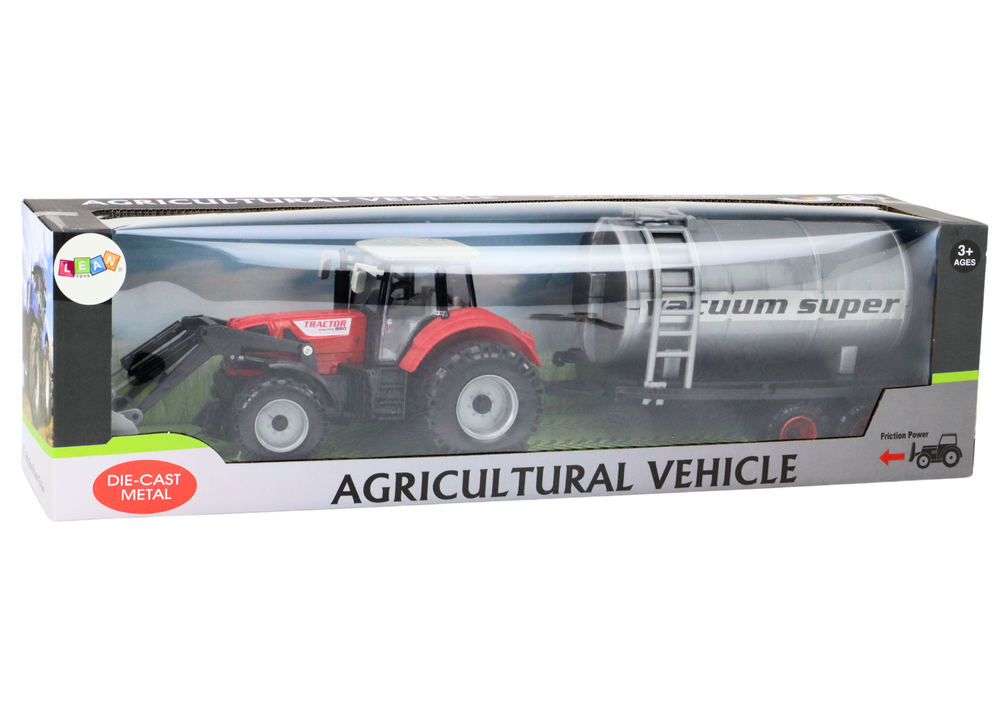 Trator agrícola com escavadora e cisterna vermelho