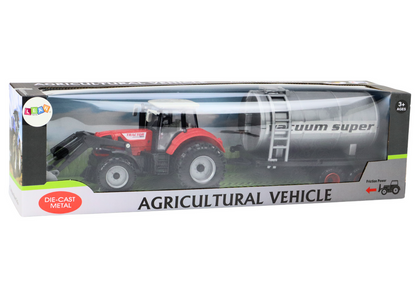 Trator agrícola com escavadora e cisterna vermelho