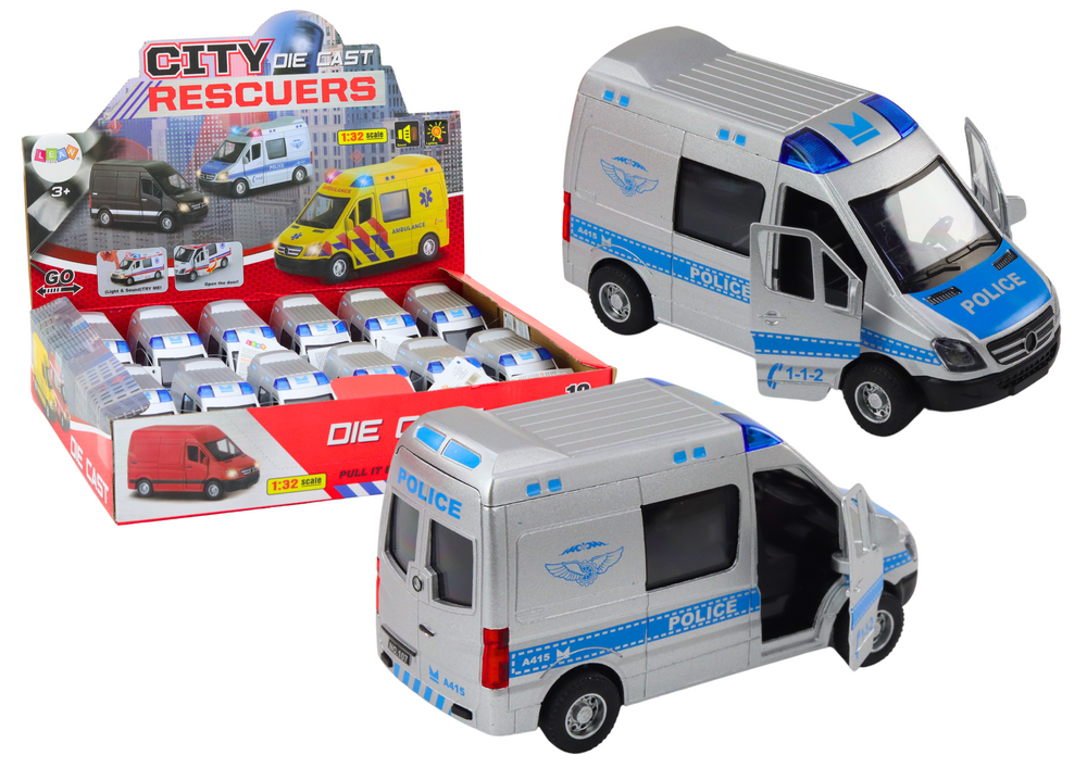 Carro polícia 1:32 metal portas de abrir luzes e sons (1 unidade, sortido)