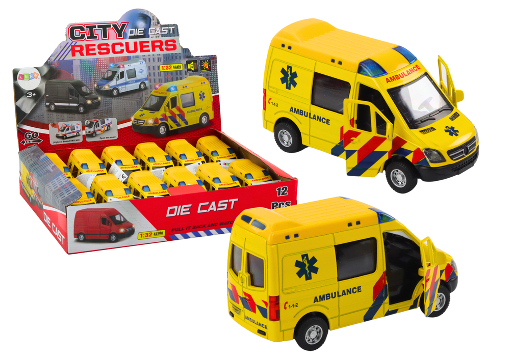 Ambulância 1:32 metal portas de abrir luzes e sons amarela (1 unidade, sortido)
