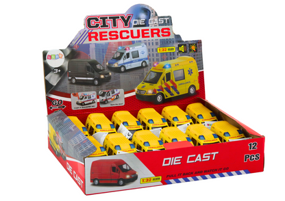 Ambulância 1:32 metal portas de abrir luzes e sons amarela (1 unidade, sortido)