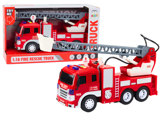 Camião bombeiros com escada 1:16 luzes sons água vermelho