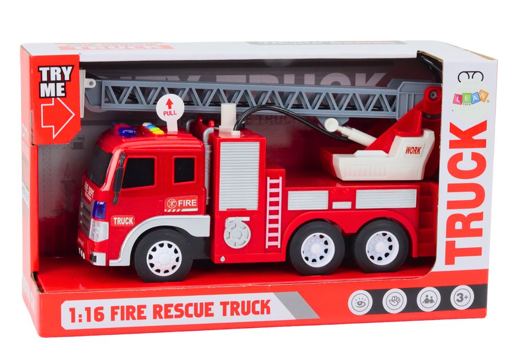 Camião bombeiros com escada 1:16 luzes sons água vermelho