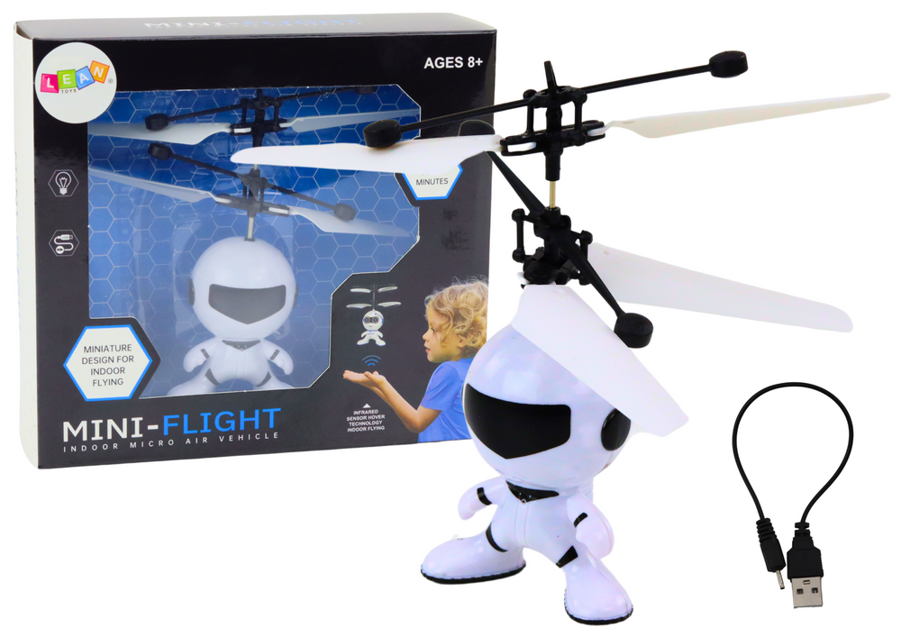 Drone helicóptero astronauta controlo por mão branco