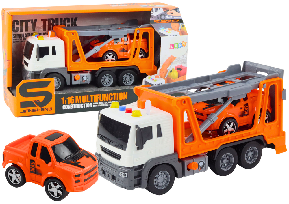 Camião reboque multifunções 1:16 luzes e sons laranja