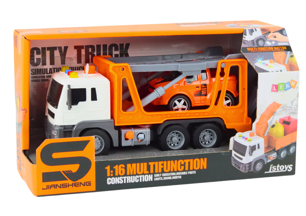 Camião reboque multifunções 1:16 luzes e sons laranja