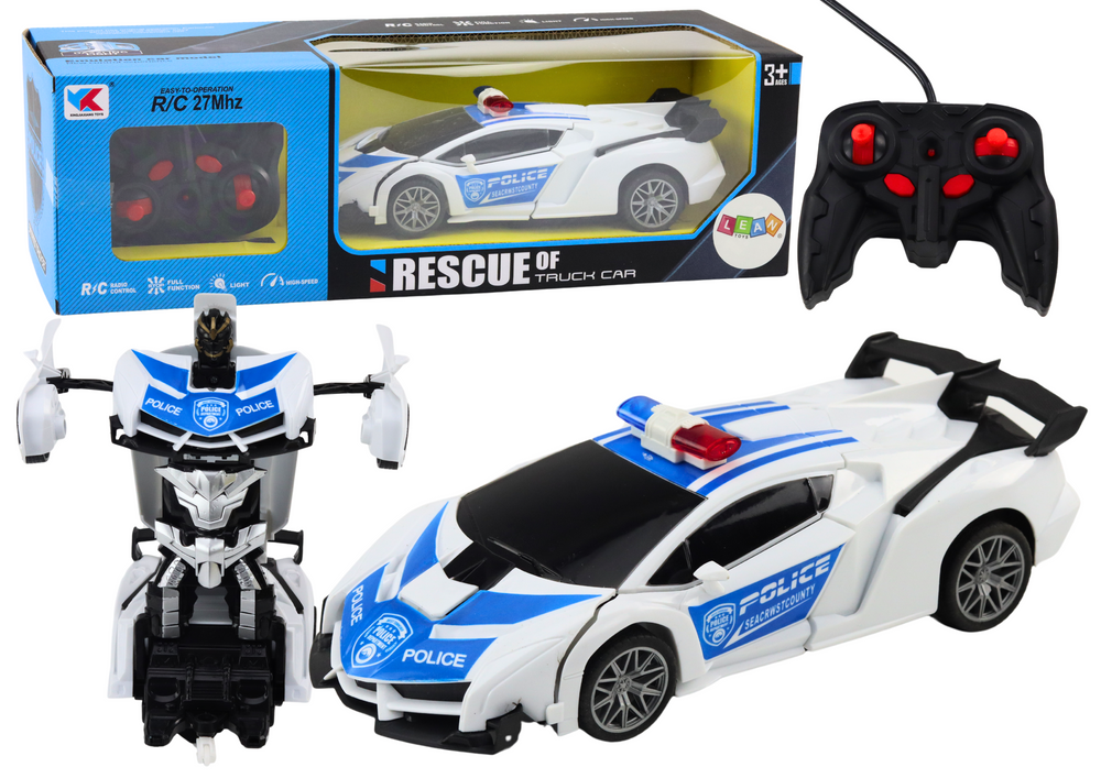 Carro polícia RC 2 em 1 robô luzes e sons