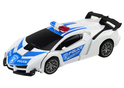 Carro polícia RC 2 em 1 robô luzes e sons