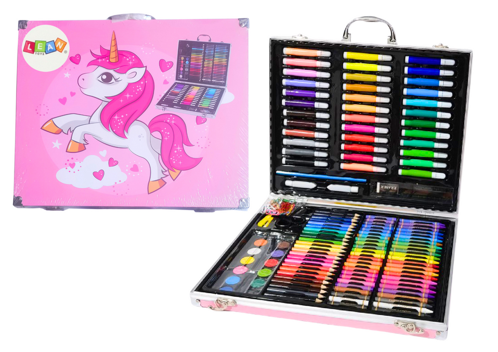 Conjunto arte mala unicórnio rosa 150 peças