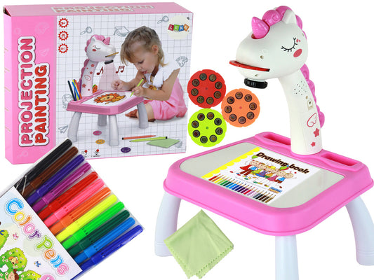 Projetor de desenho unicórnio com marcadores e acessórios rosa