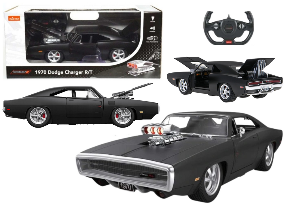 Carro RC 1:16 Dodge Charger R/T preto com portas funcionais