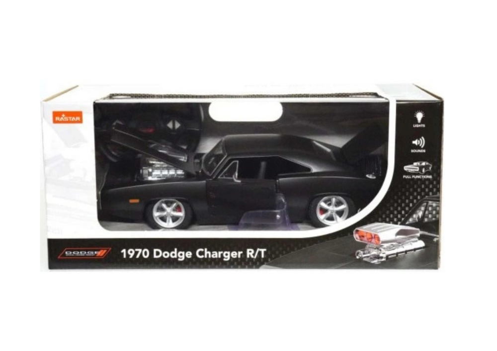 Carro RC 1:16 Dodge Charger R/T preto com portas funcionais