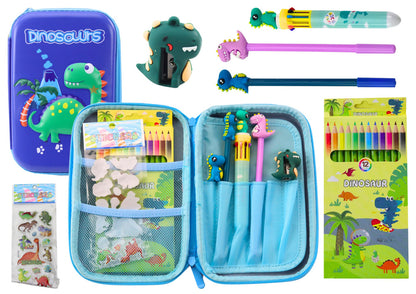 Estojo escolar dinossauro azul acessórios