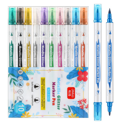 Conjunto 10 marcadores metálicos glitter dupla ponta