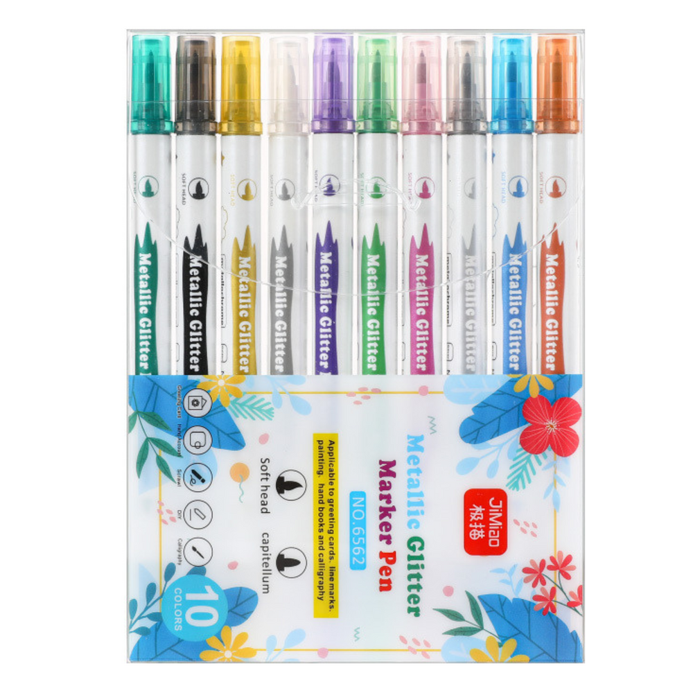 Conjunto 10 marcadores metálicos glitter dupla ponta