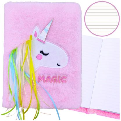 Caderno peluche pautado A5 unicórnio juba colorida