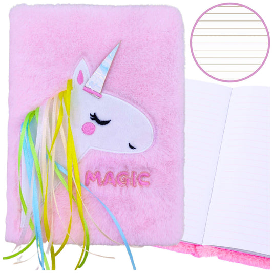 Caderno peluche pautado A5 unicórnio juba colorida