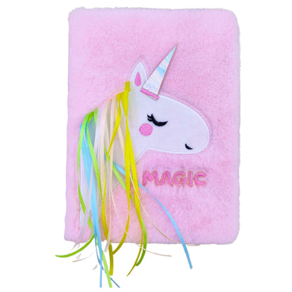 Caderno peluche pautado A5 unicórnio juba colorida
