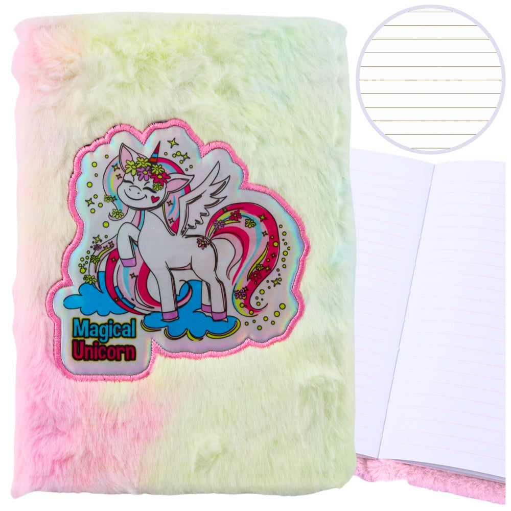 Caderno peluche pautado A5 unicórnio colorido