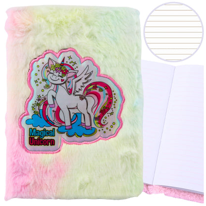 Caderno peluche pautado A5 unicórnio colorido