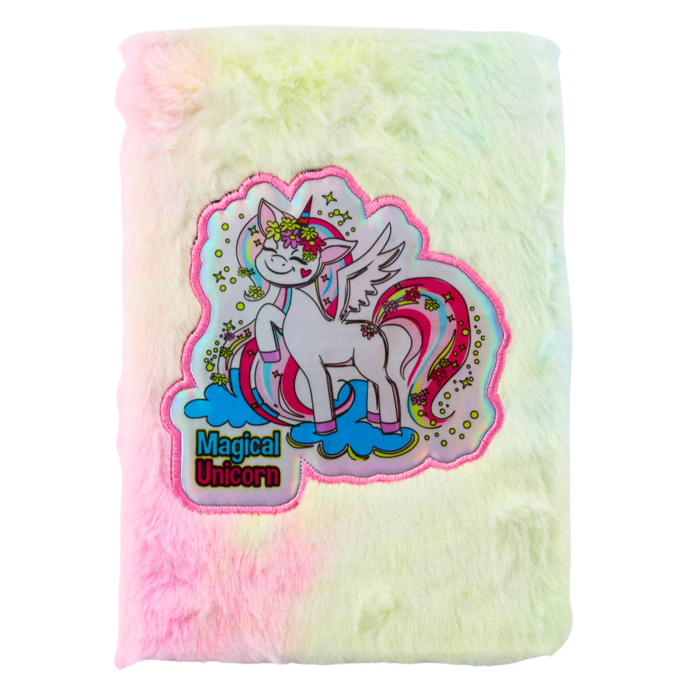 Caderno peluche pautado A5 unicórnio colorido