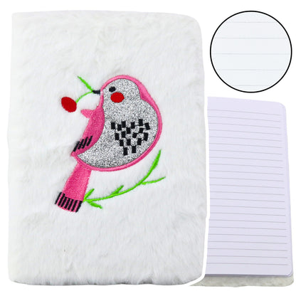 Caderno pautado com pássaro glitter prateado branco